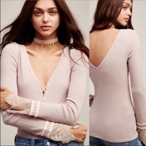 Free People Pink Last Dance Thermal Top Waffle Knit Lace Cuffs V Neck NWT Size L